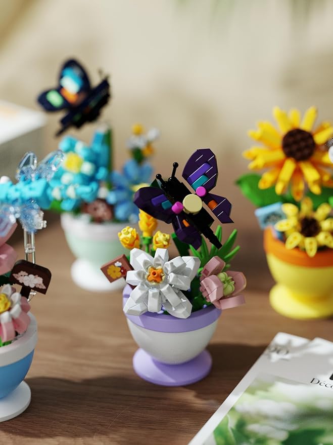 Set of 4 Mini Flower Bonsai with Cute Insects - DIY Potted Plant Building Blocks for Kids and Adults Botanical Collection Decor Toy