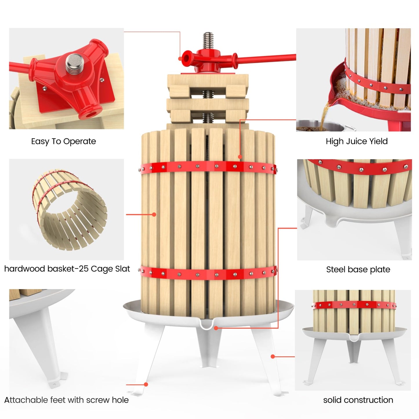 EJWOX 4.75 Gallon Fruit and Wine Press, Manual Cider Juice Maker with Solid Beech Wood Basket & Heavy-Duty Stand for Apples, Grapes, Berries