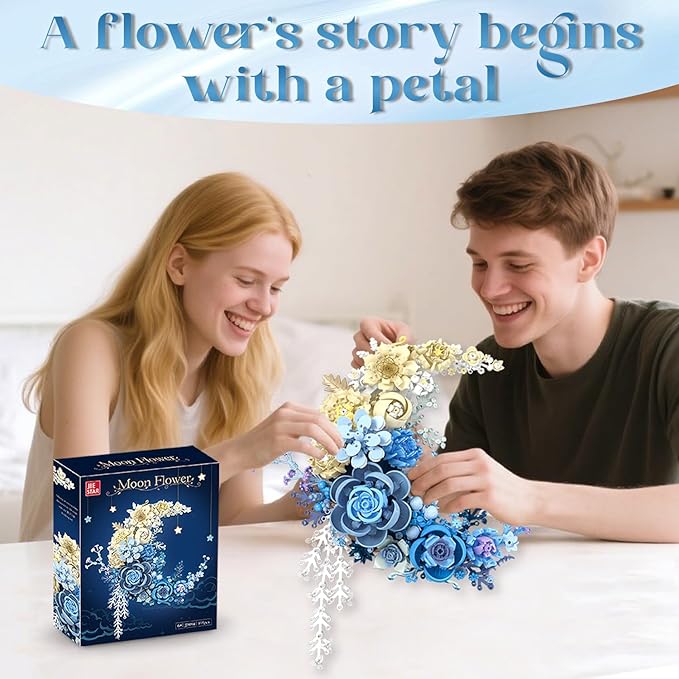 Moon Flower Building Set for Adults - 934 Pcs Light Up Botanical Kit with Lisianthus &amp Roses Artificial Flower Decoration for Home Bedroom Office Shelf Unique Gifts for Flower Lover
