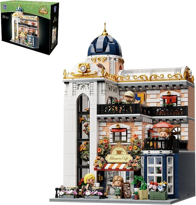 PANTASY Blossom Café Modular Building Set 3-Story European Glasshouse Landmark with Café Art Gallery &amp Floral Atrium Collectible Architecture Model Kit for Adults Creative Display Blocks