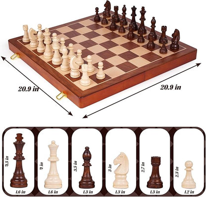 20 Inch Super Large Wooden Chess Set Hand-Carved Wooden Chess Pieces with 4.5” King Built-in Storage &amp 2 Extra Queens Luxury Folding Tournament Chess Board Game for Adults and Kids