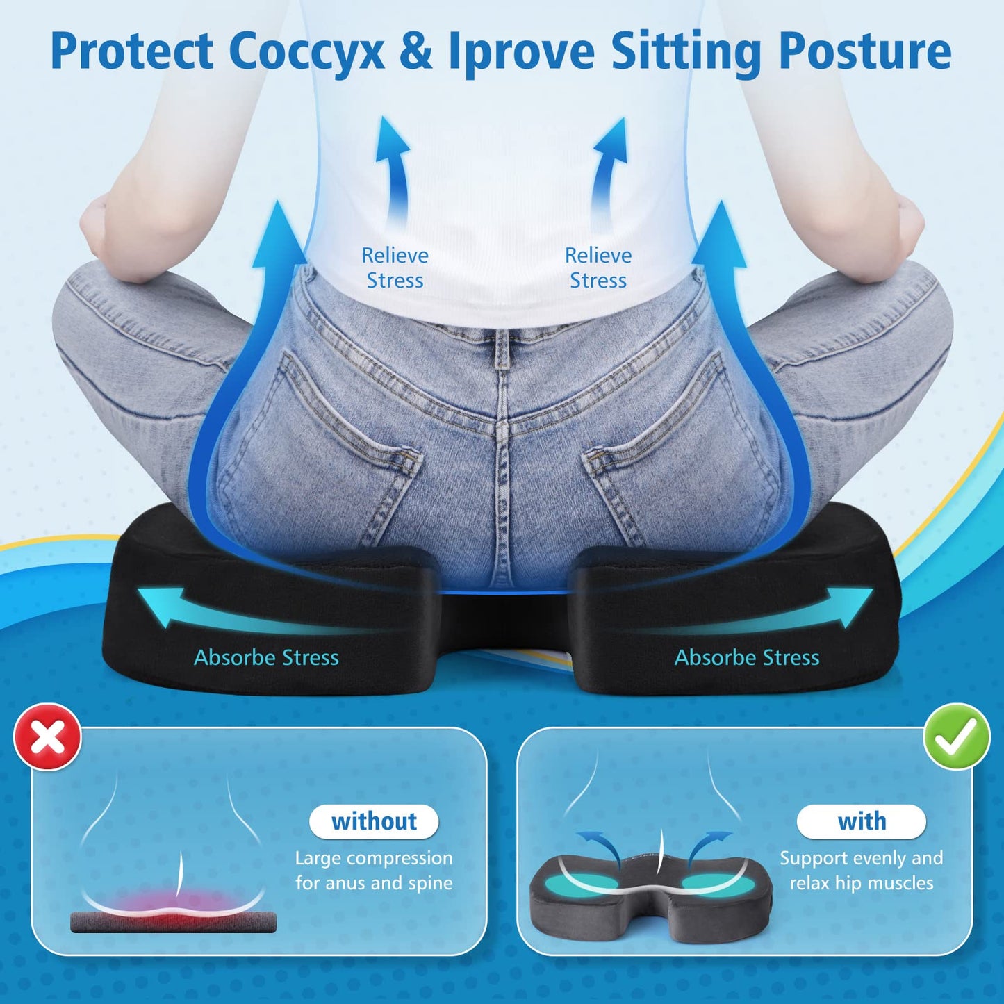 CloudBliss Gel Seat Cushion - Cooling Gel Enhanced Memory Foam Ergonomic Seat Cushion - Back, Sciatica, Coccyx, Tailbone Pain Relief for Office, Game, Car, Automotive, Airplane (Large, Black)