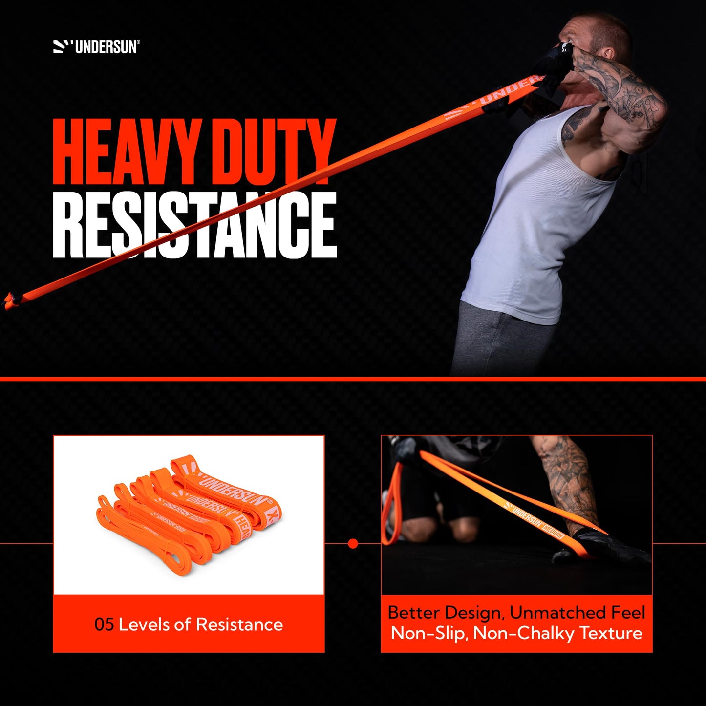 Undersun Resistance Bands for Working Out | 5-Level Heavy Resistance Bands, Door Anchor, Workout Program | Heavy Duty Fitness Resistance Bands | Orange