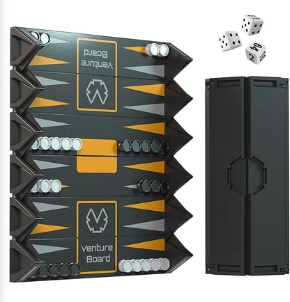 VENTUREBOARD Backgammon 6 Inches Magnetic Unique Backgammon Set Board Game - Folding Board Portable Travel Backgammon Board Game Pieces - (Blue/Grey)
