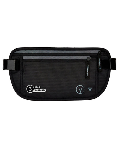 Vantamo Hidden Money Belt For Extra Safety, RFID Protected Ultra-Thin Fanny Pack, 2 Compartment Money Bag Fits Passport & Phone to Protect Valuables, Black Fanny Pack for Traveling & Hiking