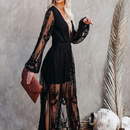 Womens Deep V Neck Short Sleeve Floral Lace Dress Long Bridesmaid Maxi Dresses