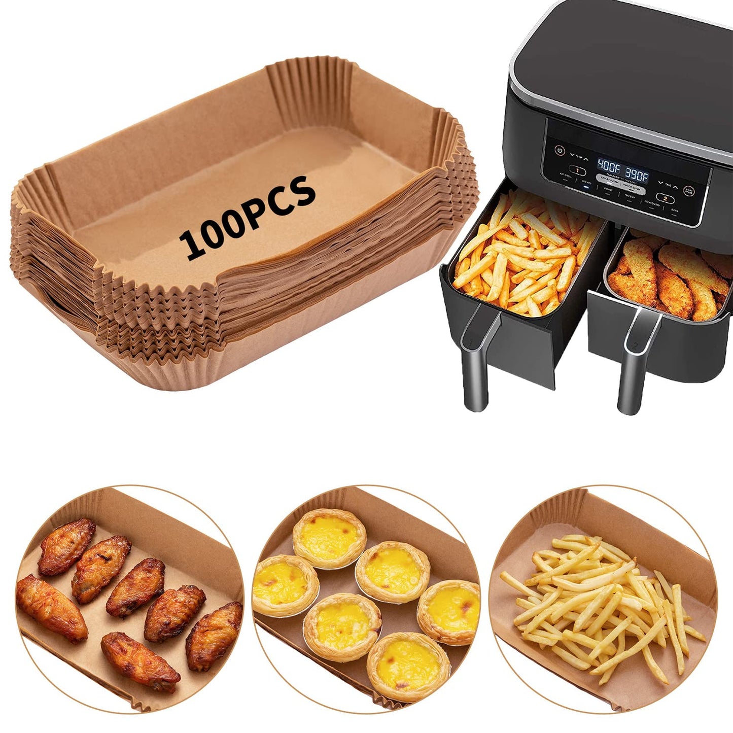 Air Fryer Disposable Paper Liner, 100PCS Food Grade Parchment Liners for Ninja DZ201,Ninja Foodi Dual Air Fryer Accessories Baking Paper (9 * 6, Natural)