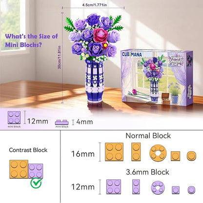 Purple Roses Flowers Building Set with Vase &amp LED Light 17 Mini Flowers Bouquet Building Blocks Toy for Adults Artificial Flowers for Home Office Decor &amp Display Gifts for Women &amp Men