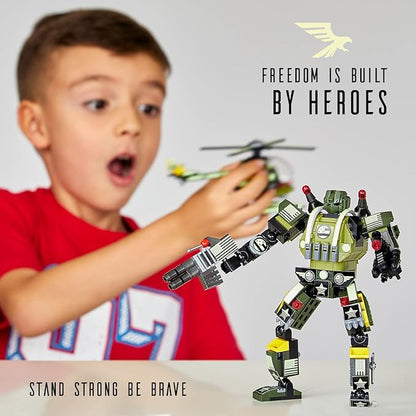 JITTERYGIT Robot Army Buildable Mech Soldier Glow in The Dark Gift Toy Set Helicopter Military Creative STEM Project Dinosaur Building Bricks Kit for Kids Ages 6-11 Years Old