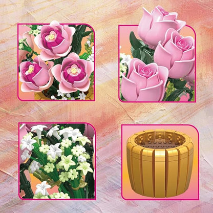 39151 Eternal Pink Rose Building Blocks Flower Set 1056 Pieces of Floral and Plant Series Block Sets Adult Creative Enthusiast Model Gifts and Collectibles Can be Used for Room Decoration