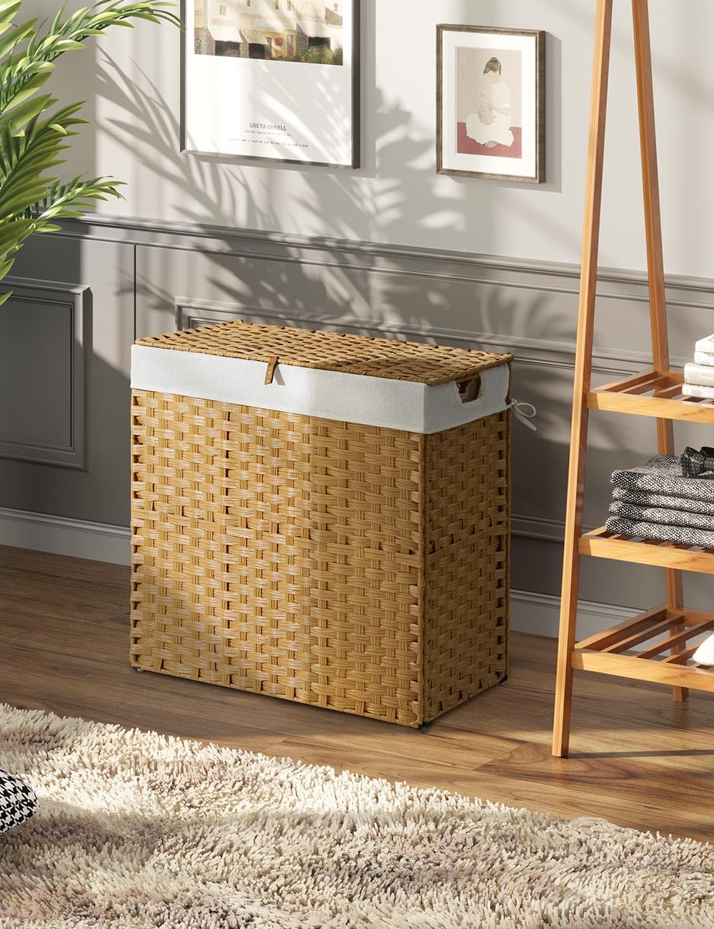 Greenstell Laundry Hamper with lid, No Install Needed, 110L Wicker Laundry Baskets Foldable 2 Removable Liner Bags, 2 Section Clothes Hamper Handwoven Rattan Laundry Basket with Handles, Natural