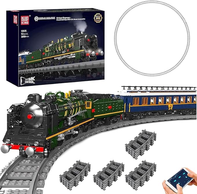 Mould King Orient Express Steam Locomotive Train Building Kit with LED Lighting Remote/App Control Passenger Toy Block Set Train Model with Motors and Tracks for Adults(3898 PCS)