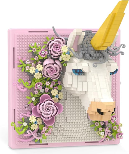 Pink Flowers Unicorn Animal 3D Wall Art Micro Mini Building Blocks Set Unique Home Wall Decor or Table Display No Compatible with Lego Ideal Gift Toy for Adults &amp Boys Girls 14+ (1349 PCS)