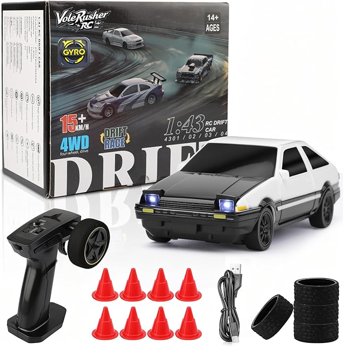 [2026 New Upgrade 1/43 Scale Mini RC Drift Car with Gyroscope Toys for Age 8-14 Old Birthday Gifts Micro Small with Full Proportional RTR 2.4GHz Remote 2 Tire Sets 8 Cones - White