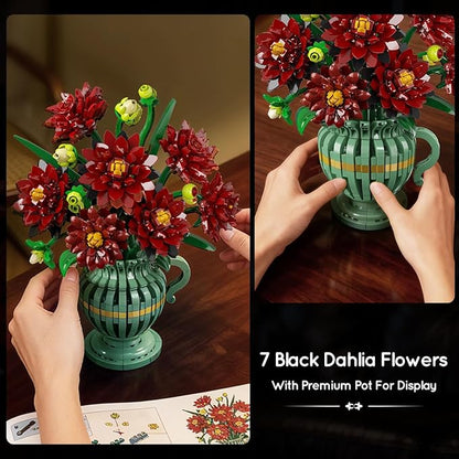 Dahlia Flowers Building Set with Vase Easter Flower Bouquet Botanical Collection Building Block Toy 1482 PCS Gothic Artificial Plant Bonsai Kit Gift for Her Adults Kids Girls 12+