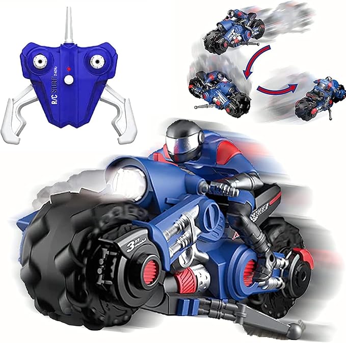 Liberty Imports 2.4Ghz RC Motorcycle Remote Control Stunt Drift Bike Racing Vehicle - 1/10 R/C High Speed Cyclone Motorbike and Riding Figure with 360° Spinning Wheels Action (Blue)