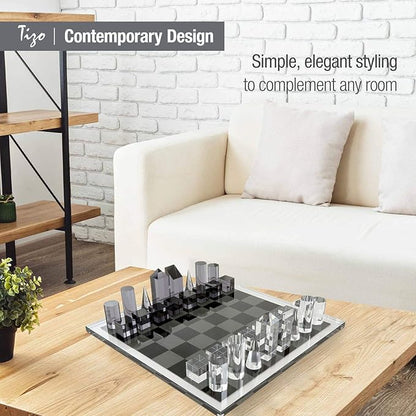 Tizo Design Elegant 17” Lucite Chess Set Designer Lucite &amp Acrylic Pieces Modern &amp Trendy Multiple Options Available (Clear &amp Smoke)