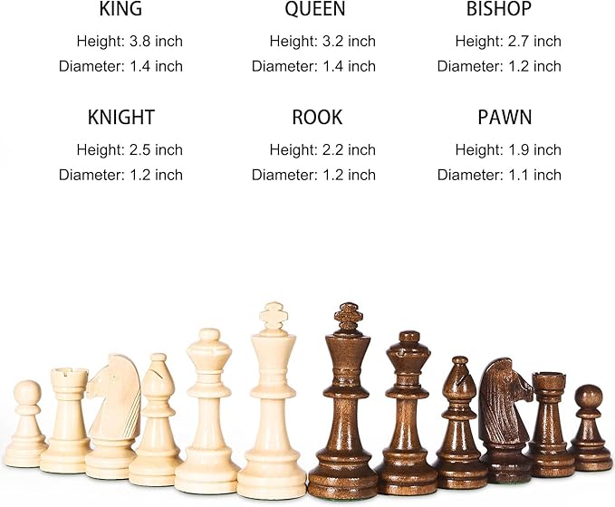 Vamslove Wooden Heavy Weighted Chess Pieces Only-3.8'' King-Extra 2 Queens-34 Wood Tournament Chessmen for Chess SetVelvet Storage Bags Included