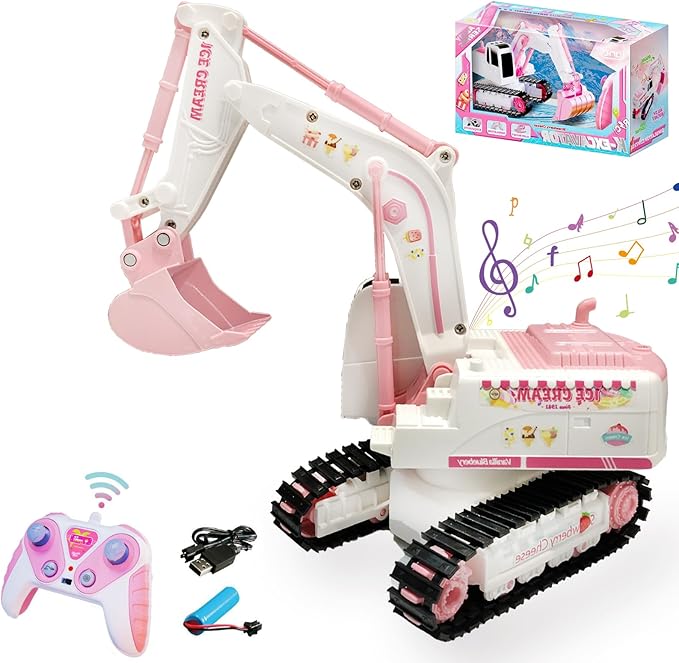 Pink RC Excavator 6 Channel 2.4Ghz RC Construction Vehicle1:24 Scale Pink Excavator Toy with 360° Rotation Light Sound and DIY Stickers Birthday Gift for Teens Adults (1 Battery)