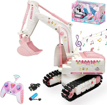 Pink RC Excavator 6 Channel 2.4Ghz RC Construction Vehicle1:24 Scale Pink Excavator Toy with 360° Rotation Light Sound and DIY Stickers Birthday Gift for Teens Adults (1 Battery)