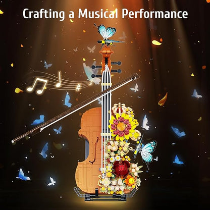 Flower Violin Building Blocks Set 1167PCS Music Instrument Toy with Stand Butterfly &amp Floral Details Creative Botanical Model for Adults Girls Home Office Decor Compatible with Lego Sets City Frie