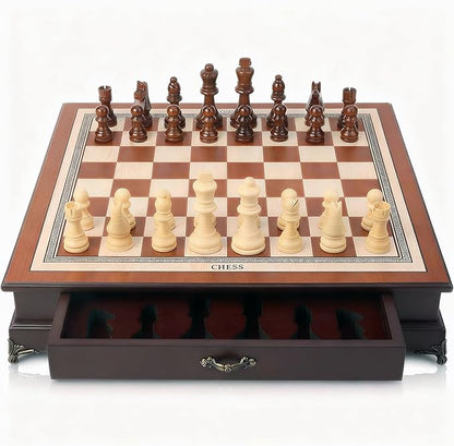 14.6-Inch Wooden Chess Set with Drawer Storage – Handmade Chess Board with 2 Extra Queens Elegant Home Decor and Strategy Game for Adults &amp Beginners