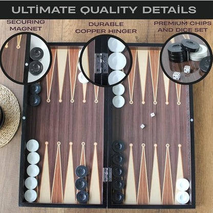 Park&ampOz Walnut Premium Turkish Backgammon and Checkers Set 19 Inch Handmade 2 in 1 Wooden Board Game with Glossy Finish Luxury Checkers and Dice Travel Friendly and Foldable