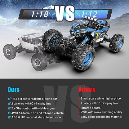 CROBOLL 1:12 Large Remote Control car for Boys Kids with Lifting Function4WD RC Cars Electric Monster Truck Toy Gifts 4X4 Off-Road RC Rock Crawler 2.4GHz RC Truck with 2 Batteries(Blue)