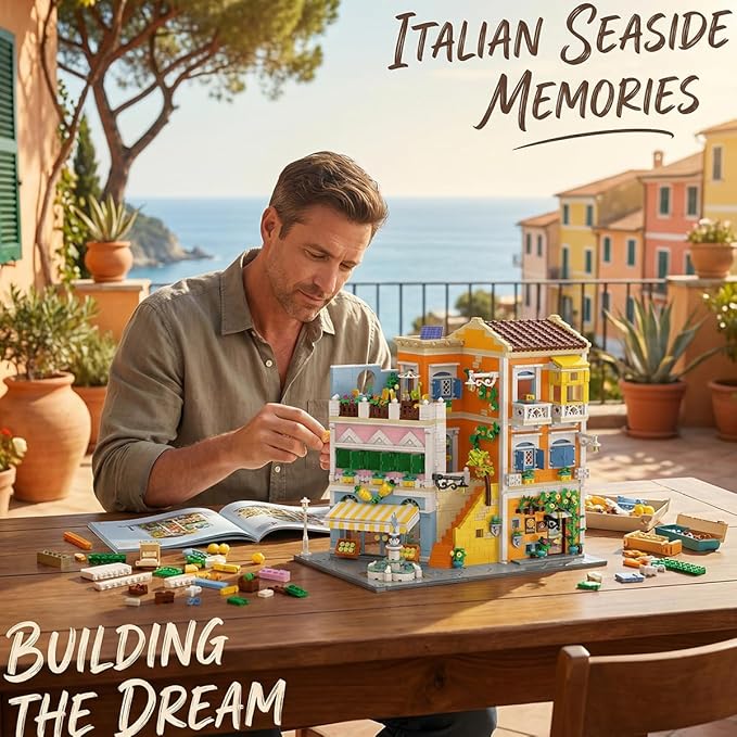 Italian Street View Building Blocks Set - 3-Story Pizza Shop &amp Lemon Store Modular Bricks with Fountain &amp Balcony Details 4017 Pieces for Adults &amp Teens Collectible Architecture Model Ki