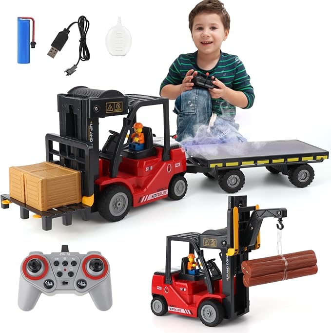 RC Forklift with Trailer Kids Forklift Construction Toys Set with Lift Fork &amp Hook &amp Flatbed 11 Channel Kids Forklift Toy with Light &amp Sound &amp Spray Gift for Kids 6+ (Red)