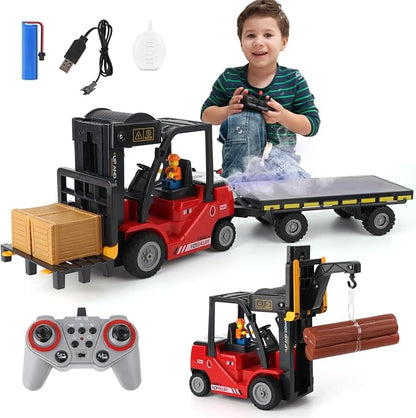 RC Forklift with Trailer Kids Forklift Construction Toys Set with Lift Fork &amp Hook &amp Flatbed 11 Channel Kids Forklift Toy with Light &amp Sound &amp Spray Gift for Kids 6+ (Red)