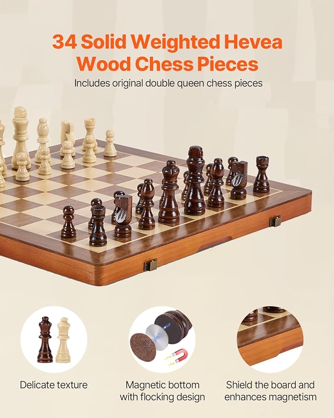VEVOR 15-inch Magnetic Wooden Chess Set 2-in-1 Folding Chess and Checkers Game for Adults and Kids Portable Travel Chess Set with 2 Queens Ideal for Tournaments Professionals and Beginners