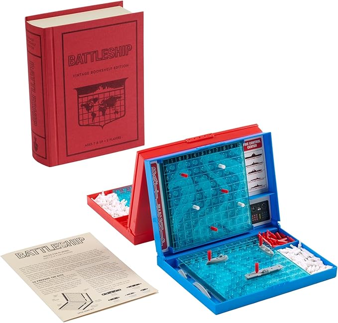 WS Game Company Battleship Vintage Bookshelf Edition Naval War Game Fabric-Wrapped Book Box Folding Battle Cases Vintage Display Board Games for 2 Players Ages 7+