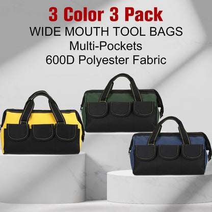 Sanwuta 3 Pack Tool Bag for Men with Waterproof Hard Bottom, Heavy Duty Tool Bag Wide Mouth Tote for Various Instrument, Electrician Carpenter Mechanic(13 Inch,Blue, Yellow, Army Green)