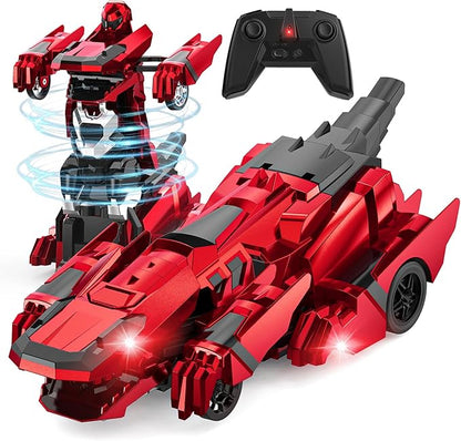 Dinosaur Transform Rc Cars 2.4Ghz Remote Control Car Transforming Robot with Flashing Light 360° Rotation One Button Deformation Car Toy Gifts for Boys Age 4-7 8-12
