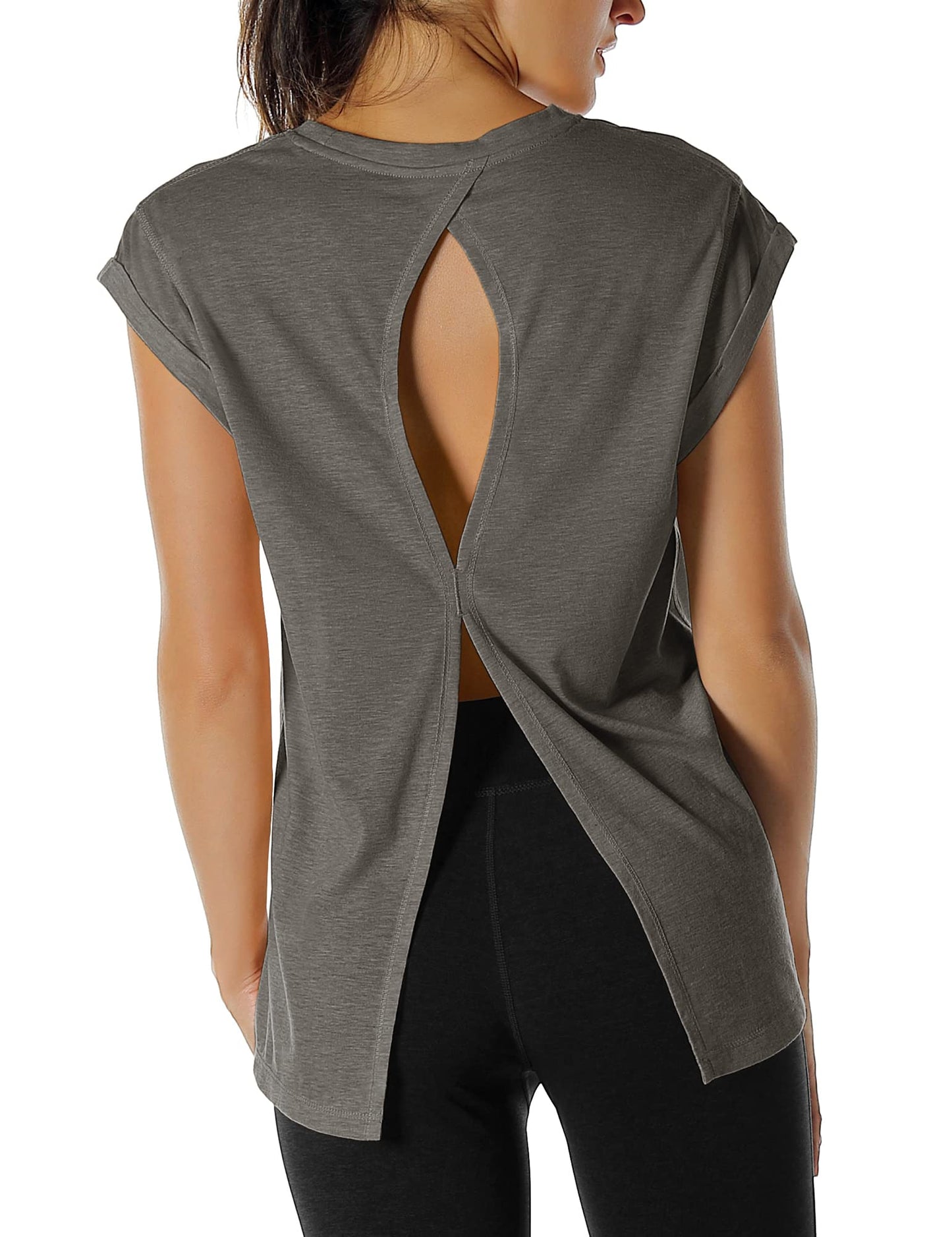 icyzone Open Back Workout Top Shirts - Yoga t-Shirts Activewear Exercise Tops for Women (M, Charcoal)