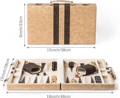 15inch Backgammon Sets for Adults Classic Board Game with Folding Leather Backgammon Case Faux Leather Exterior and Velvet Interior Portable Travel Game Set (Brown)
