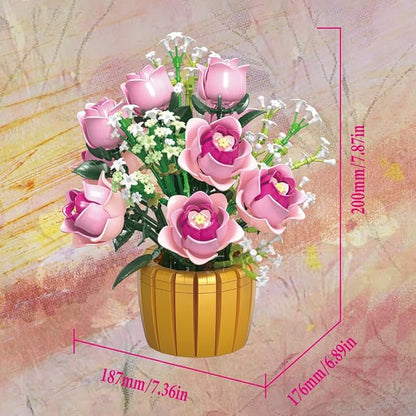39151 Eternal Pink Rose Building Blocks Flower Set 1056 Pieces of Floral and Plant Series Block Sets Adult Creative Enthusiast Model Gifts and Collectibles Can be Used for Room Decoration