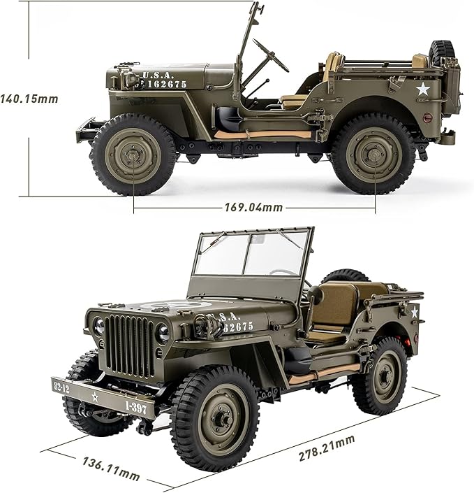 FCXㅤ RocHobby 1/12 1941 MB Scaler RC Jeep 4x4 Hobby Grade RTR RC Car Mini RC Rock Crawler Military RC Truck with 180 Brushed Motor LED Lights for Adults