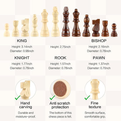 15 Inch Magnetic Wooden Chess Game Set Classic Folding Board Games with Felted Game Board Interior for Storage 2 Extra Queens Pieces Storage Slots