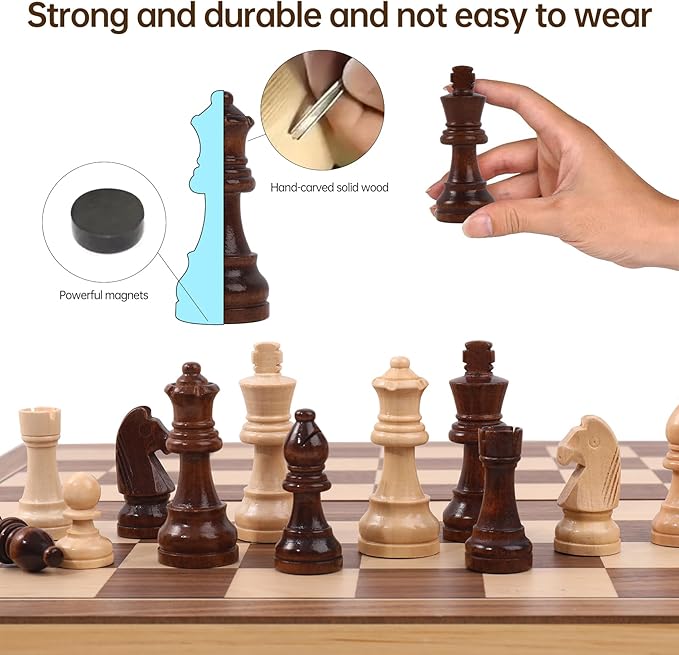 15 Staunton Chess Set with Travel Case - Professional Tournament Wooden Board 2 Extra Queens &amp Storage Bag for Dad Portable Magnetic Chess Game for Camping/Clubs