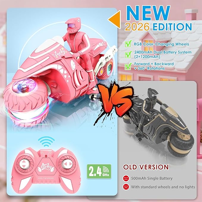RC Motorcycle Toy with RGB Wheels Light 360° Rotation High Speed Remote Control Dirt Bike with Rider 2.4Ghz Off-Road Kids' Play Motorcycles for Girls Boys Age 5-12