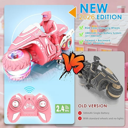 RC Motorcycle Toy with RGB Wheels Light 360° Rotation High Speed Remote Control Dirt Bike with Rider 2.4Ghz Off-Road Kids' Play Motorcycles for Girls Boys Age 5-12