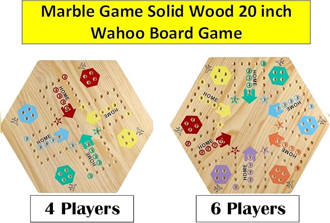 Wooden Wahoo Marble Board Game (20 INCH) Double-Sided for 2-6 Players with 24 Marbles and 6 dice. Also Includes Ring Toss Wooden Hook and Ring Gameand Premium Playing Cards.