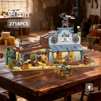 39077 Western Blacksmith Shop Building Block Set Equipped with LED Lights 2718 Pieces Shop Building Model Building Block Kit Adult Creative Enthusiast Model Gifts and Unique Collectibles