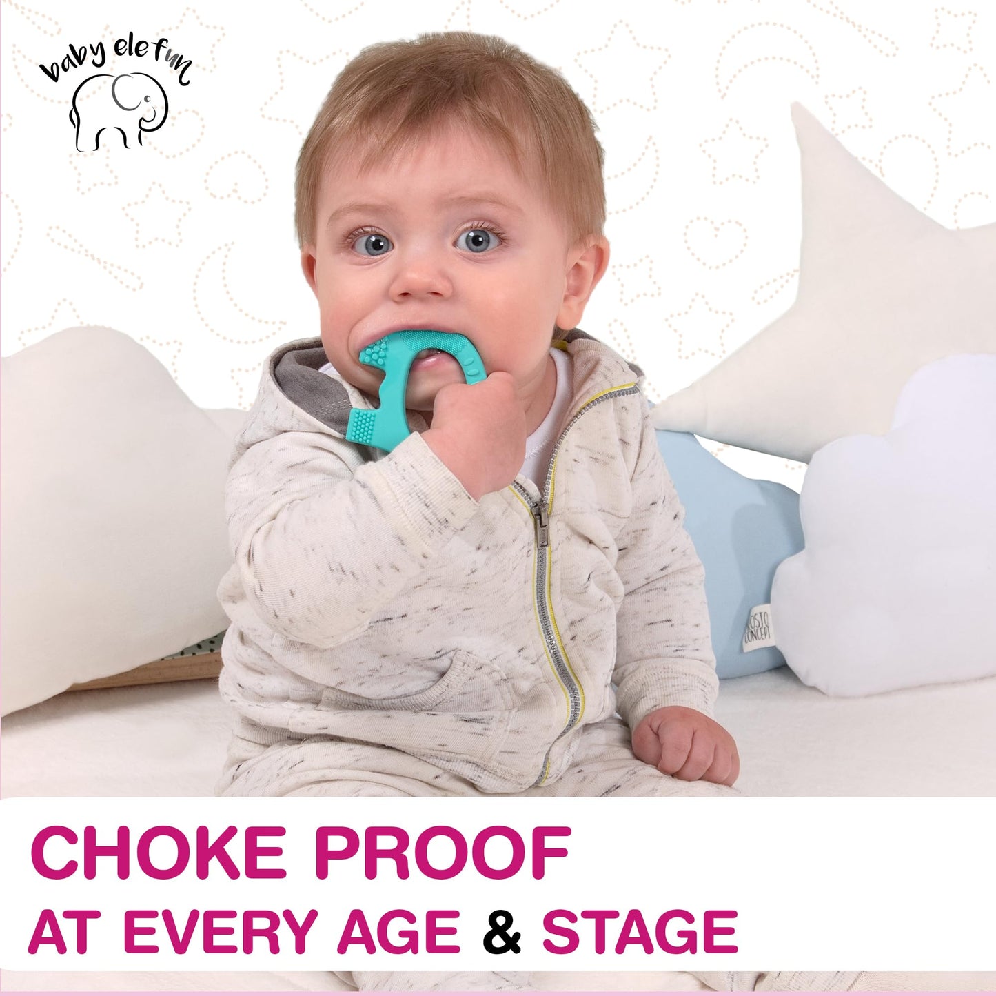 Baby Elefun Teething Ring for Babies 0-6 Months - 5X Pain Relief Smart Teether - Zero Developmental Delay Silicone Teether - Cute Infant Chew Toy, Shower Gift