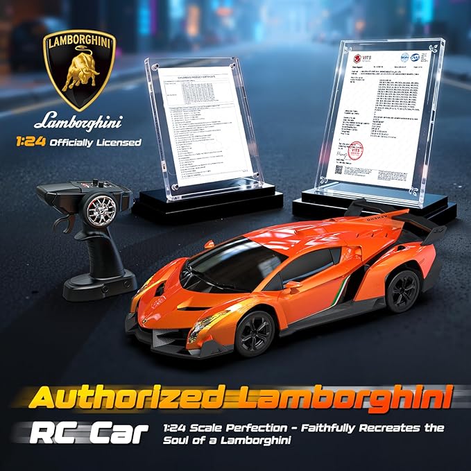 Lamborghini Remote Control Car Toy Officially Licensed RC Drift Car 15Km/h with Underglow &amp Headlights 1:24 Scale 2.4GHz 2 Batteries 60 Min Play RC Gift Toy for Boys &amp Girls Ages 3-12 &amp