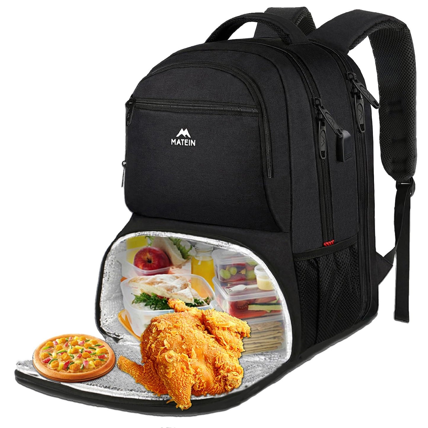 MATEIN Lunch Backpack for Men Work, 17 Inch Insulated Cooler Backpack Lunch Box with USB Charging Port, Water Resistant Laptop Back Pack Computer Meal Prep Backpacks for Picnic College Travel, Black
