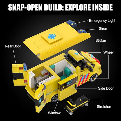 Ambulance Building Set International Rescue Vehicle Model Kit Removable Roof &amp Functional Doors Display Collectible City Truck Compatible with Lego Emergency Ambulance 618 PCS