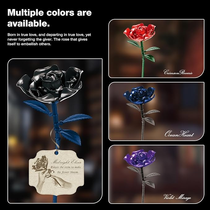 Rose Rotating Everlasting Flower Building Set Compatible Artificial Bouquet Elegant Home/Office Decor Accent for Tabletop Display Long-Lasting Home Decoration (Black)